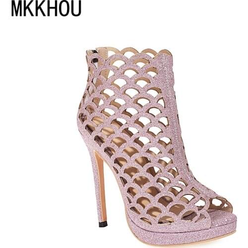 MKKHOU Fashion Short Boots Women 2021 New Spring Sequined Cloth Fish Mouth Hollow Summer High Heel Boots Large Size 33-52