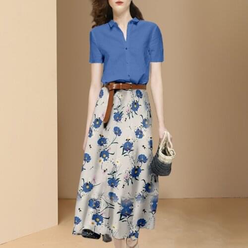 LLZACOOSH Fashion Suit Single Breasted Solid Short Sleeve Summer Women V Neck Shirt Tops + A Line Print Skirt Two Piece Set With