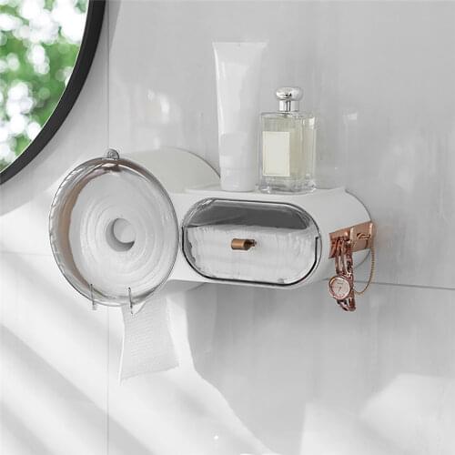 Face Towel Storage Box Punch-Free Roll Paper Tube Makeup Remover Cotton Organizer with Hook Toilet Tissue Box Bathroom Shelf