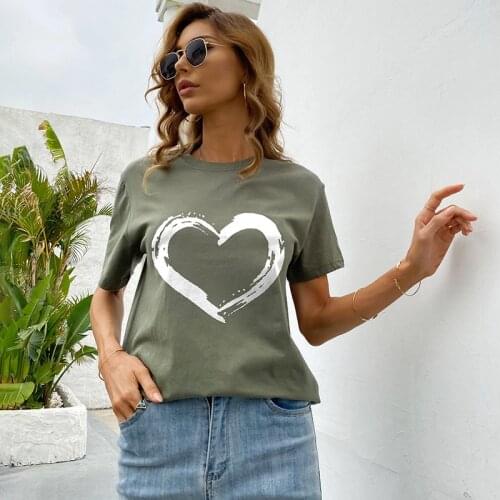 New Arrival Cute Style Womens T Shirt Simple Love Heart Graphic Printing Tops Summer Round Neck Short Sleeve Cotton T-shirt