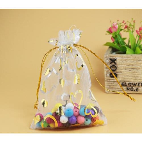 New Fashion 100pcs 9x12cm White Organza Bags Heart Design Wedding Candy Jewelry Packaging Bags Pouches Cute Drawstring Gift Bag