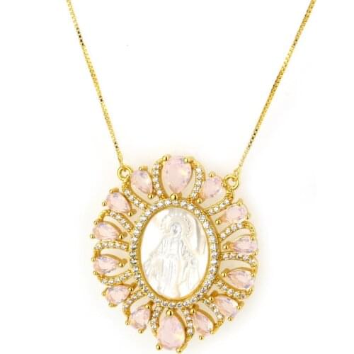 OMYFUN Factory Price Gold Color Necklace Women Collar Virgin Mary Mother of Pearl Pendants Necklaces Fashion CZ Jewelry Colar