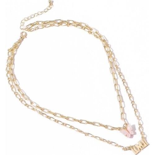New Pink Acrylic Butterfly Pendants Necklace Double Layer Acetic Acid Love Alloy Necklace Choker Statement Fashion 2020 Jewelry