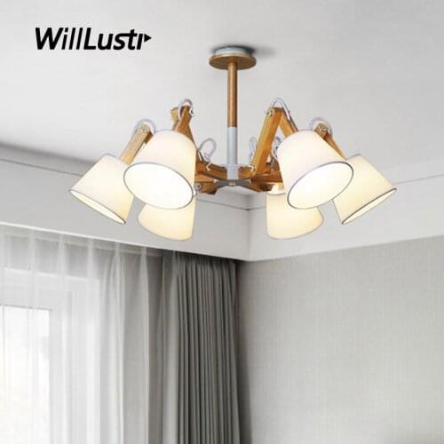Retro Wood Pendant Lamp American Adjustable Wooden Arm Hotel Restaurant Sitting Room Bedroom Fabric Suspension Hanging Lighting