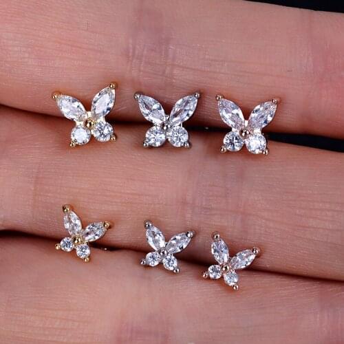 1pcs Female Luxury Crystal Butterfly Stud Earrings Vintage Silver Color Wedding Jewelry White Zircon Stone Earrings For Women