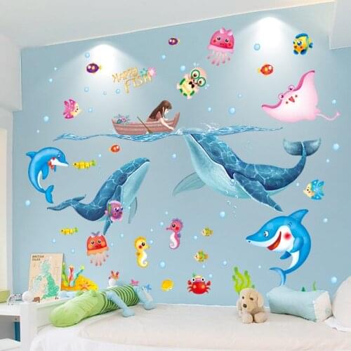 [SHIJUEHEZI] Cartoon Girl Whales Wall Sticker DIY Ocean Fish Animals Mural Decals for Kids Rooms Baby Bedroom Home Decoration
