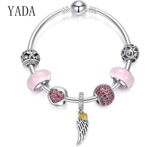 YADA INS pink heart Bracelets&Bangles For Women Brand silver color Angel Wings Bracelets Charm Crystal Jewelry Bracelet BT200191