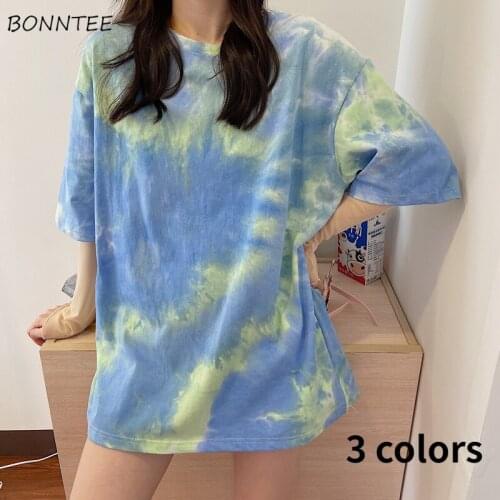 T-shirts Women Summer Stylish Daily Feminino Tops Tees Harajuku Couple Loose Tie Dyed O-Neck Chic Streetwear Students All-match