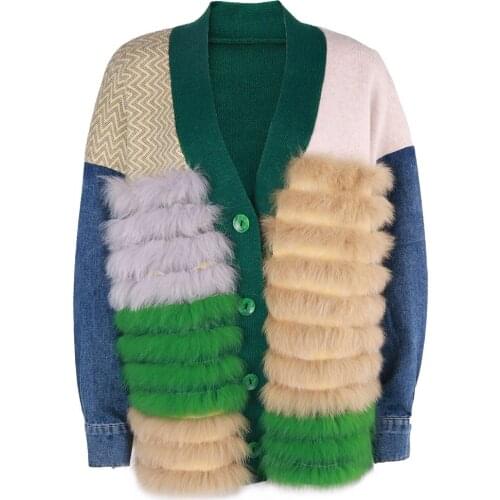 YOLOAgain Women Color Blocking Cardigan With Fox Fur 2021 Autumn New Oversized V-Neck Ladies Sweater