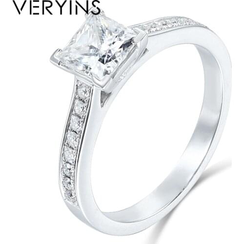 Veryins Solid 10K White Gold 1ct 5.5mm Princess Cut Side Stone Moissanite Engagement Ring for Women Gift