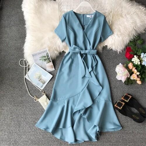 Summer 2019 New Women Vintage Ruffles Dress Casual Short-sleeved V-neck With Belt Dress Elegant Ladies Dresses Vestidos R343