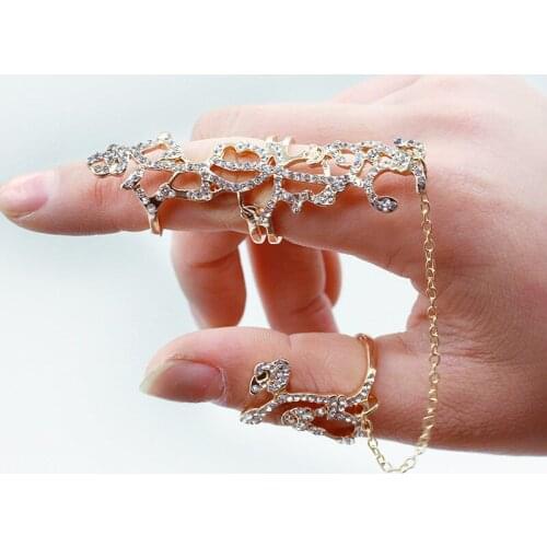 2020 new design fashion conjoined chain ring hollow rhinestone rose flower opening adjustable ring wholesale