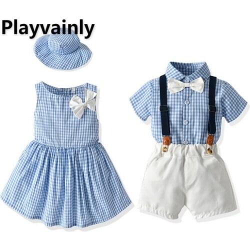 2021 Summer New Japanese brother and sister outfit Boys short sleeve shirts+suspenders Girl Plaid Dress Kid Clothes E100128