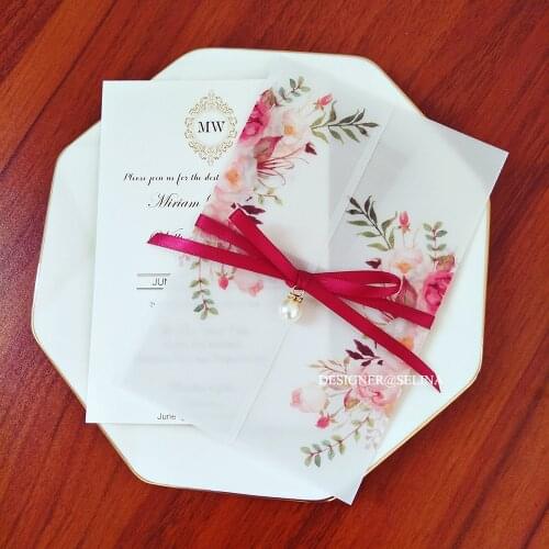 50X New Printed Wedding Invitation With Rhinestone Envelope DIY Modern Flower Semi-transparent Wrap Card For Bridal Shower Party
