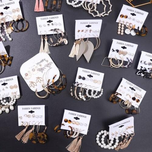 6Pair/Set Big Statement Earrings Pearls Tassel Acrylic Drop Dangle Earrings Vintage 2020 Women Stud Earrings Rings Accessories