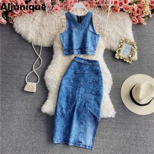 Aliunique New Denim Two-pieces Split Skirt Suit For Women 2021 Fashion Summer Leisure Temperament Suit Camisole Suit
