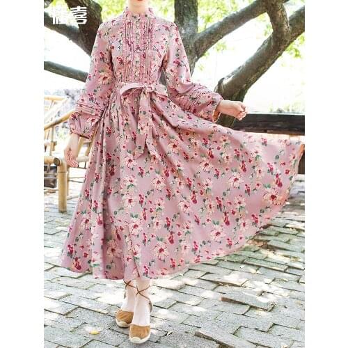 Free Shipping 2021 New Boshow Women Vintage Long Mid-Calf Spring And Autumn Gorgeous Print Dresses S-XL Lantern Full Sleeve