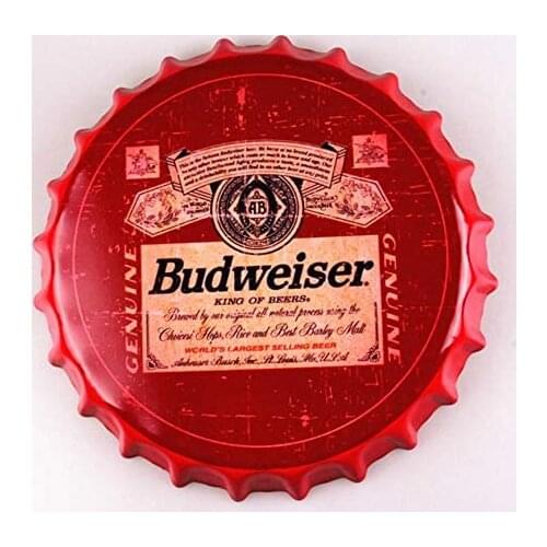 Budweiser Bottle Caps Metal Tin Signs Cafe Beer Bar Decoration Plat 13.8" Inches Wall Art Plaque Vintage Home Decor