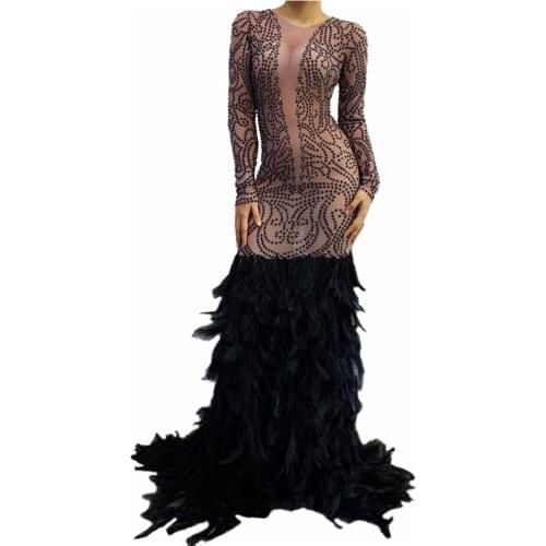 Black Rhinestone Feather Train Transparent Long Dresses Glisten Costume Women Prom Birthday Celebrate Party Mermaid Dresses