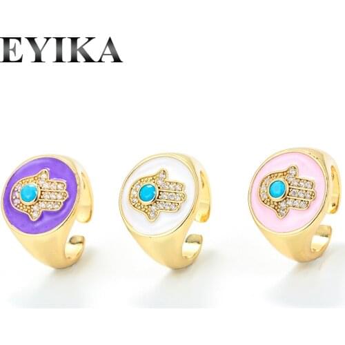 EYIKA Colorful Neon Enamel Hamsa Fatima Hand Women Open Cuff Rings Zircon Gold Color Lady Finger Ring Wedding Engagement Jewelry