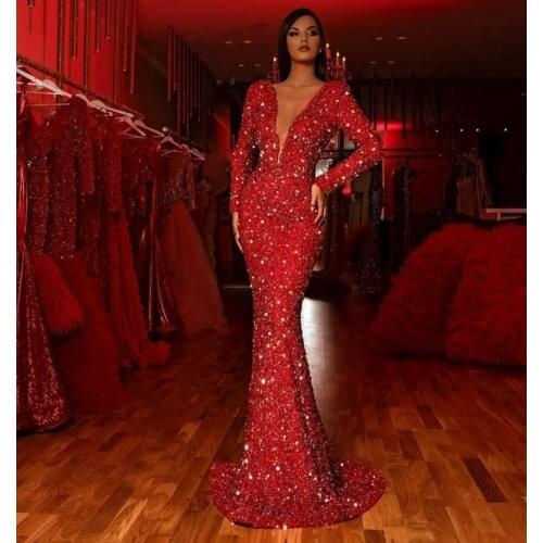 Red Sequined Mermaid Evening Dresses Arabic Long Sleeve Plunging V Neck Couture Formal Prom Gowns Party Wear