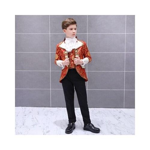 Red Boys European Court Drama Costume Children Golden Stage Prince Charming Performance Suit Set Kids Blazer Vest Pants 3 Piece