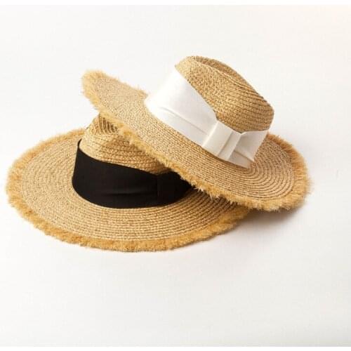 Summer Raffia Straw Hat For Women Sun Beach Hat Jazz Panama Hats Fedora Wide Brim Sun Protection Cap Black Ribbon Bonnet Enfant