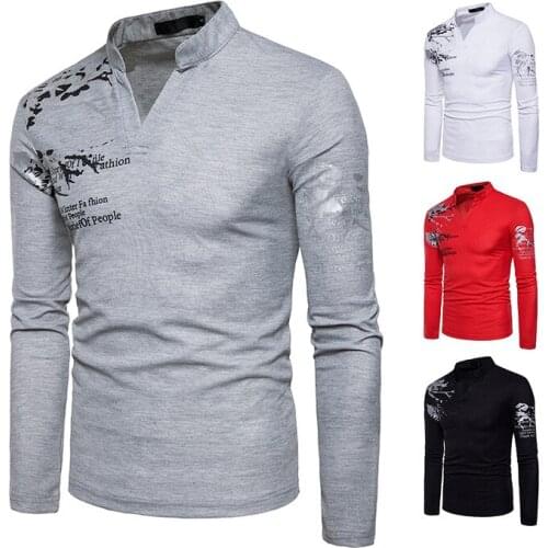 Mens T-Shirt Long Sleeve Stand Collar V-Neck Pullover Polo Shirt With Printing Casual Slim Type Henry Collar Tops