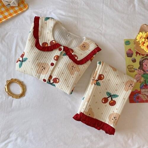 Autumn and winter cotton quilted confinement clothes, postpartum air layer cherry print nursing pajamas