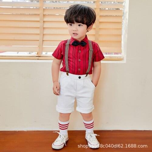 2-7 Years Baby Boy Party Clothing Sets Summer Kids Boys Korean Handsome Gentleman Suit Striped Shirts Suspender Shorts Baby 2pcs