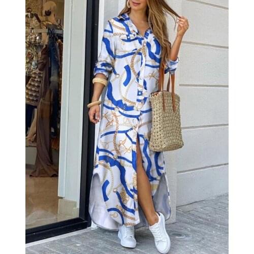 Sexy shirt long dress Women Long Sleeve trun Down Collar Button Long Dresses With Pockets Summer Printed Long Sundress Vestidos