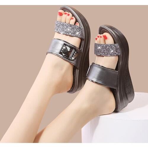 Women Slippers Summer 2021 Thick Wedge Platform Slides Shoes Female Fashion Bling Casual Slippers Flat Shoes Women Footwear