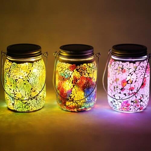LED Solar Lamps Outdoor Decorative Light Waterproof Cracked Glass Jar Garden Fairy Light Hanging Mason Jar Light for Yard Decor