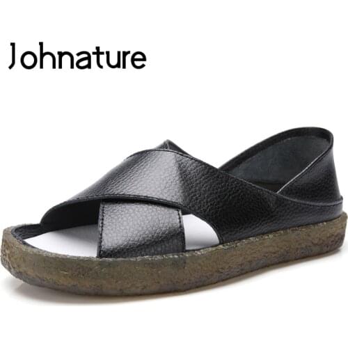 Johnature 2020 New Summer Genuine Leather Breathable Peep Toe Shallow Hollow Slip-on Sewing Fashion Women Shoes Flat Sandals