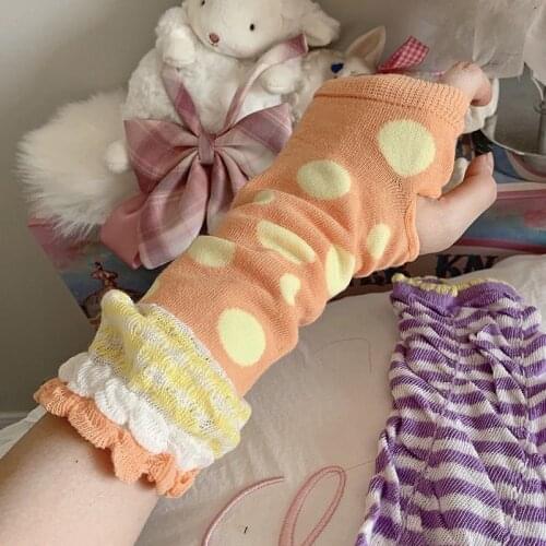 Lady Thin Fingerless Elbow-length Dot Stripe Gloves Mittens Cute Lovely Girl Jk Glove 2020 Fashion Lolita Orange Purple Orange