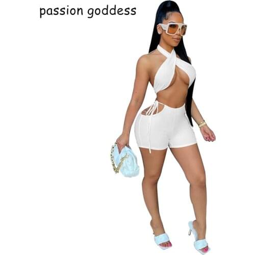 Women Summer 2021 Sexy Club Backless Two Piece Set Halter Sleeveless Lace Up Crop Top Drawstring Skinny Shorts Tracksuit Outfits