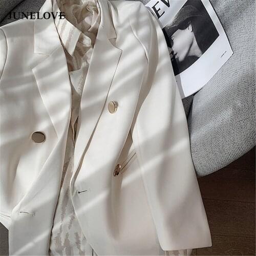 JuneLove 2021 Office Lady White Blazers Vintage Women Spring Long Sleeve Female Double Breasted Solid Jacket Female Pockets New