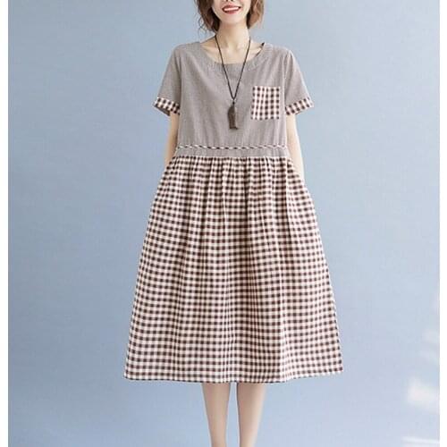 Korea Style Patchwork Cotton Fashion Plaid Dress 2021 New Arrival Loose Women Casual Midi Summer Dress Office Lady Work Dress