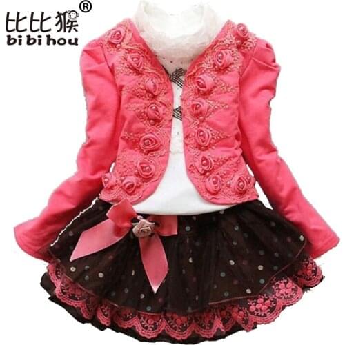 Winter Girls Christmas Dress clothing set Kids shirt + rose Coat + Lace skirt children clothing girl new year costumes Clothes