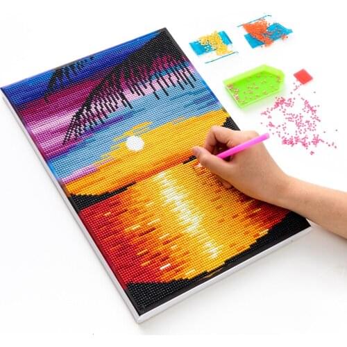 5D DIY With Frame Diamond Painting Landscape Full Round Drill Diamond Embroidery Seaside Cross Stitch Sunset Decoration Home
