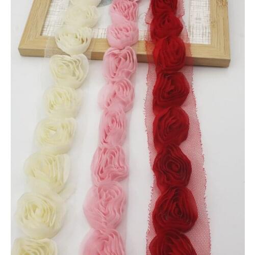 1y 4cm Chiffon Rose Flower Lace Trim for Newborn Baby Girl Jumpsuit Rompers Dress Dolls Trimming Sewing Kid Headwear Accessories