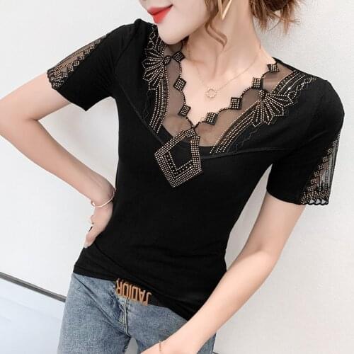#6126 White Black Sexy Short T Shirt Women V Neck Diamonds Spliced Gauze Basic T Shirt Female Tigth T Shirt For Girl Summer Tops