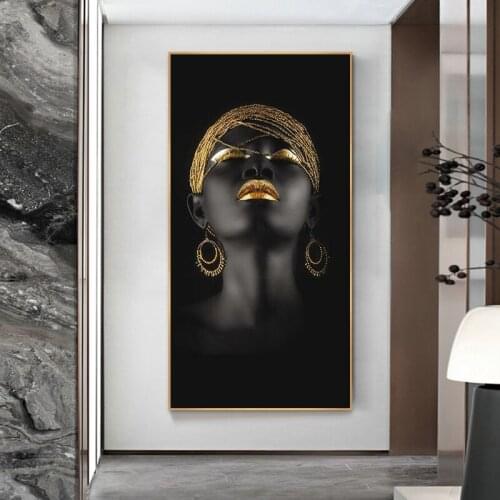 African Nude Girl with Golden Headdress Canvas Paintings Black Women Posters and Prints Wall Pictures for Living Room Home Decor