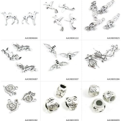 Antique Silver Plated Jewelry Charms Dog Paw Footprint Loose Beads Bear Snail Fly Bug Moth Dachshund Squid Hummingbird Whippet