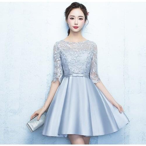 Aswomoye Short Silver Evening Dress 2018 Elegant Banquet Prom Dresses Half Sleeve Party Dress Illusion O-Neck robe de soiree