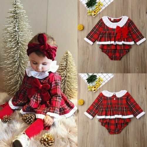 Newborn Baby Girl Christmas Cotton Ruffle Bodysuit Plaid Outfit Clothes Xmas Cute Long Sleeve Baby Girl Jumpsuit