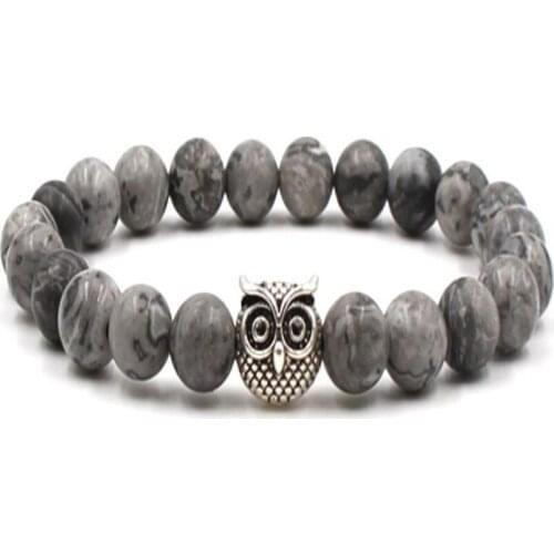 8MM Gray Stripe Stone Mala Bracelet Gemstone 7.5 inches Tibet Silver Bless Lucky Wrist Chakas Buddhism Energy Reiki Gemstone