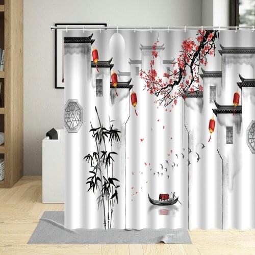 Chinese Style Ink Painting Bath Shower Curtain Flower Bird Tree Pattern Art Decor Waterproof Fabric Bathroom Curtains With Hooks
