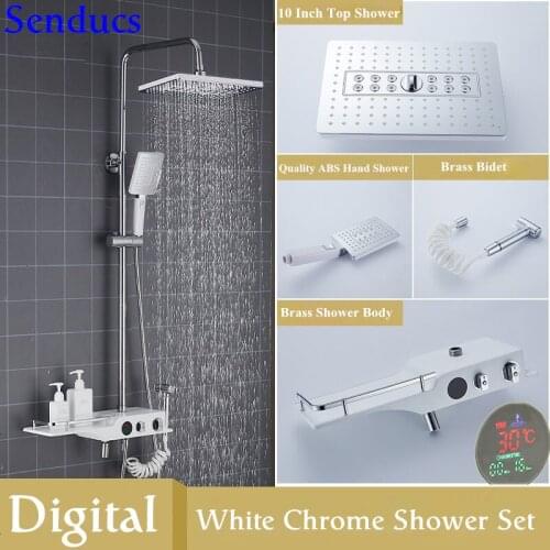 Senducs Digital Shower System Fashion White Chrome Bathroom Shower Set Quality Brass Bathtub Shower Faucet Intelligent Shower