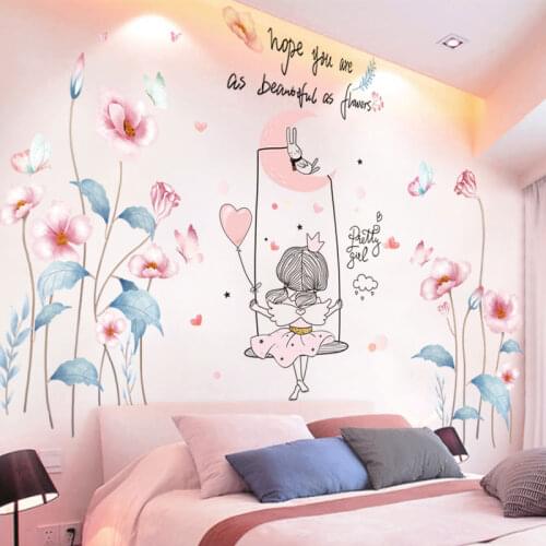 [shijuekongjian] Flowers Plants Wall Stickers DIY Cartoon Girl Moon Wall Decals for Living Room Kids Bedroom House Decoration